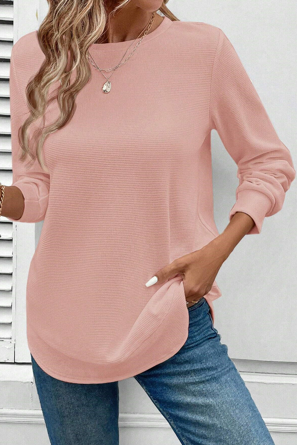 Pink Rounded Hem Waffle L/S Top