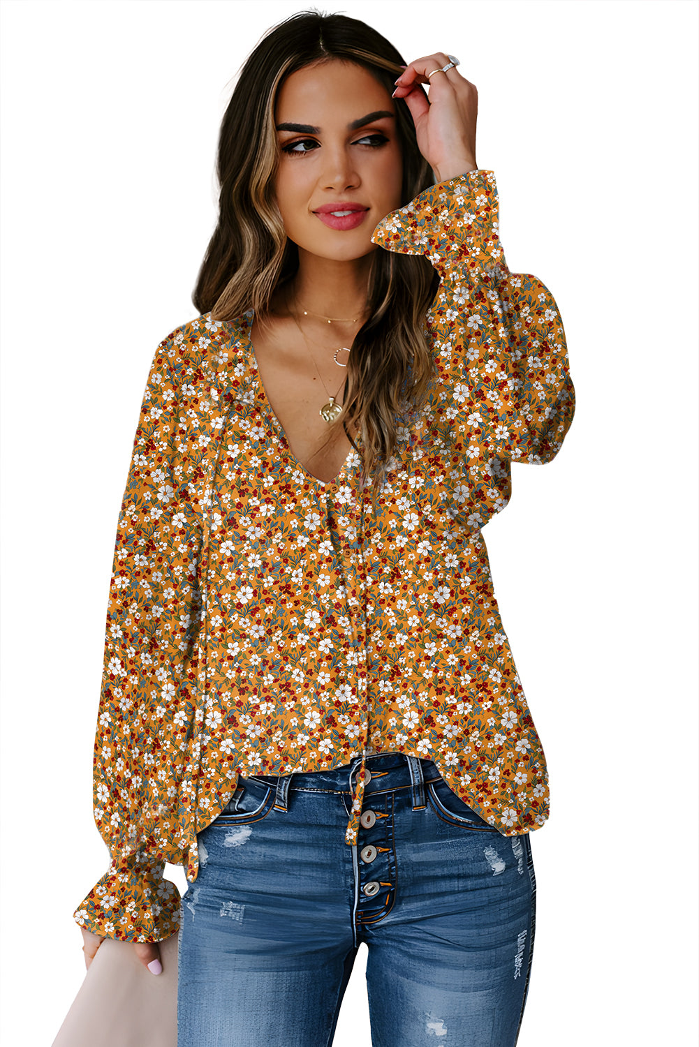 Orange Floral Ruffled Bubble Sleeve V Neck Blouse