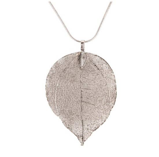 24 inch Long Filigree Leaf Necklace Silver