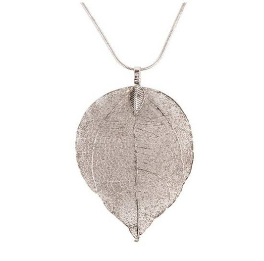 24 inch Long Filigree Leaf Necklace Silver