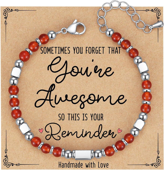 4mm Stone & Stainless Steel Bead Bracelet| Blessing Card -CS: Red Crystal Bracelet & Awesome