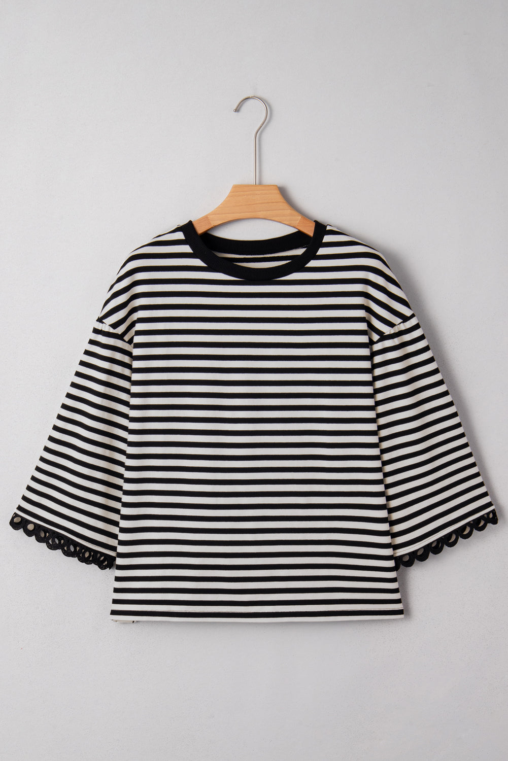 Black Striped Round Neck Bell Sleeve Top