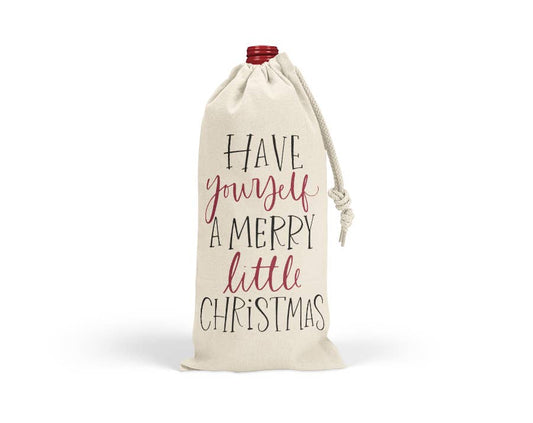 Wine Bag -Merry Little Christmas Drawstring Canvas Tote