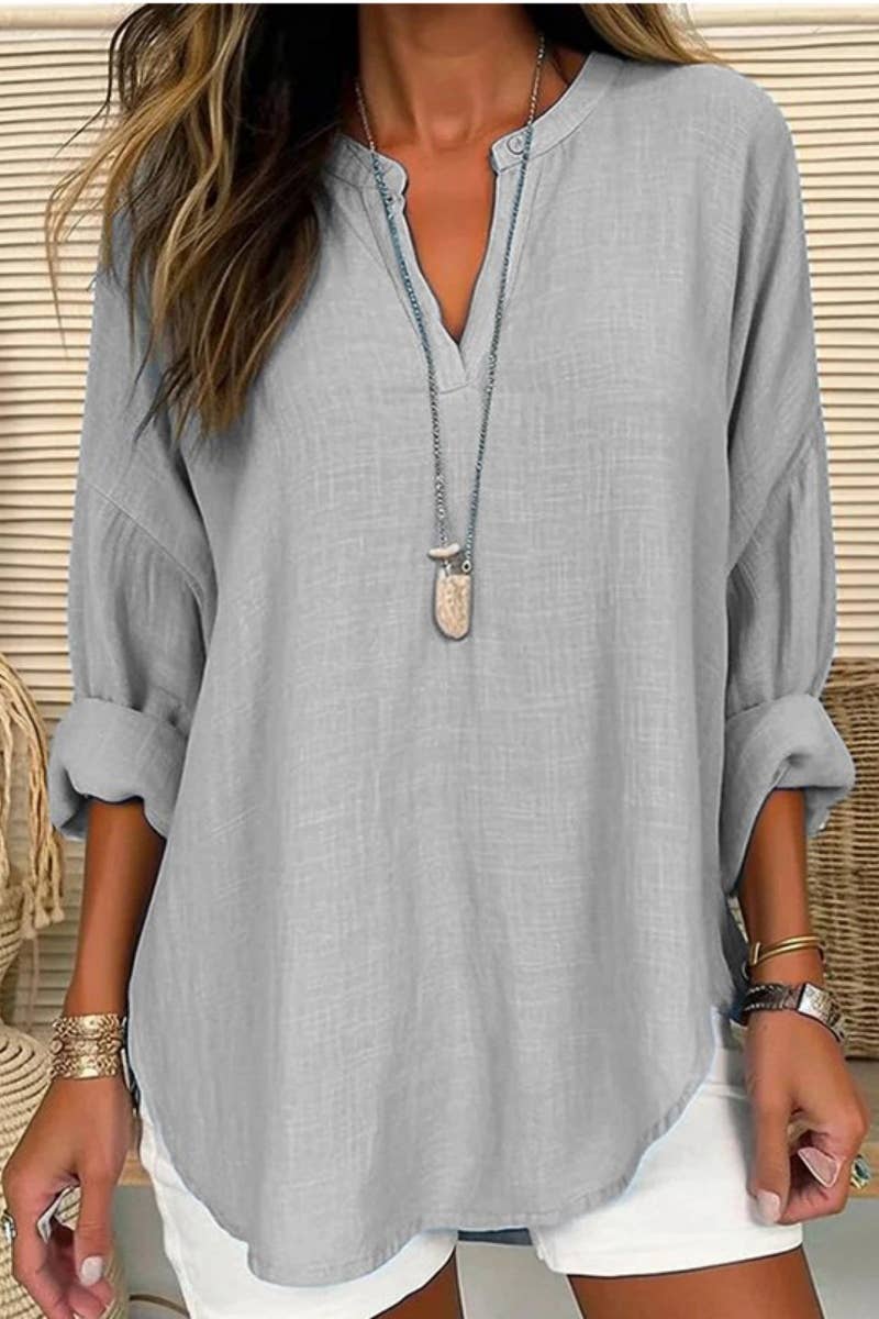 Blouse Linen Long Sleeve Casual V Neck Top CWTBLL0260