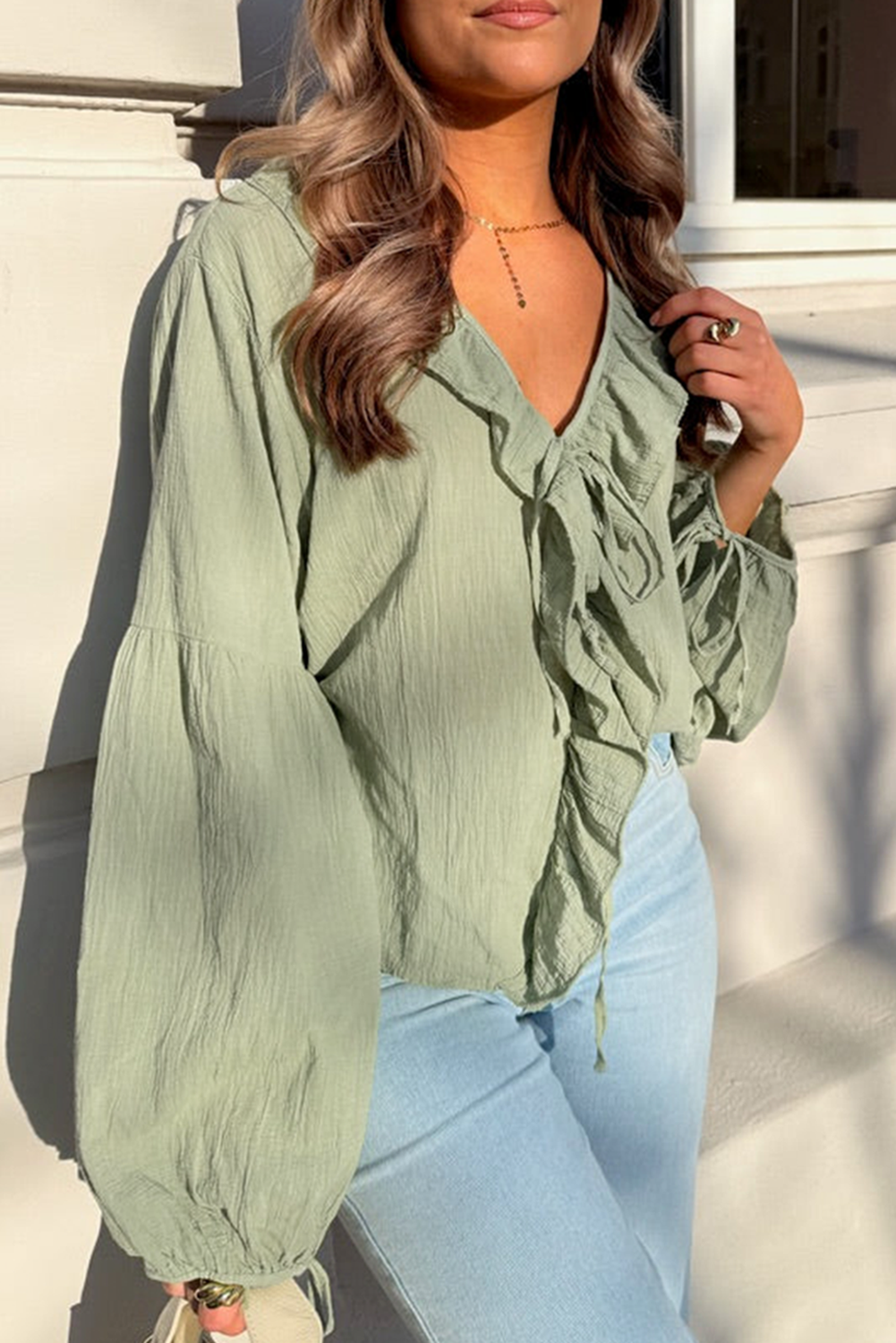 Mist Green Ruffle Trim V Neck Blouse