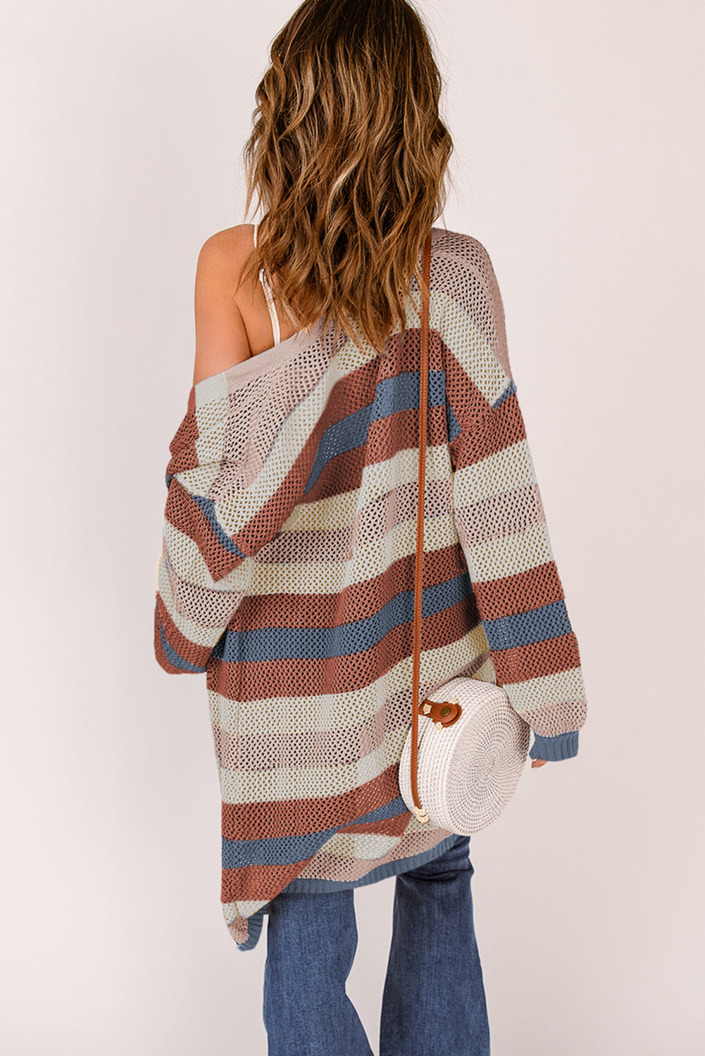 Long Cardigan Striped Cut Out Knit
