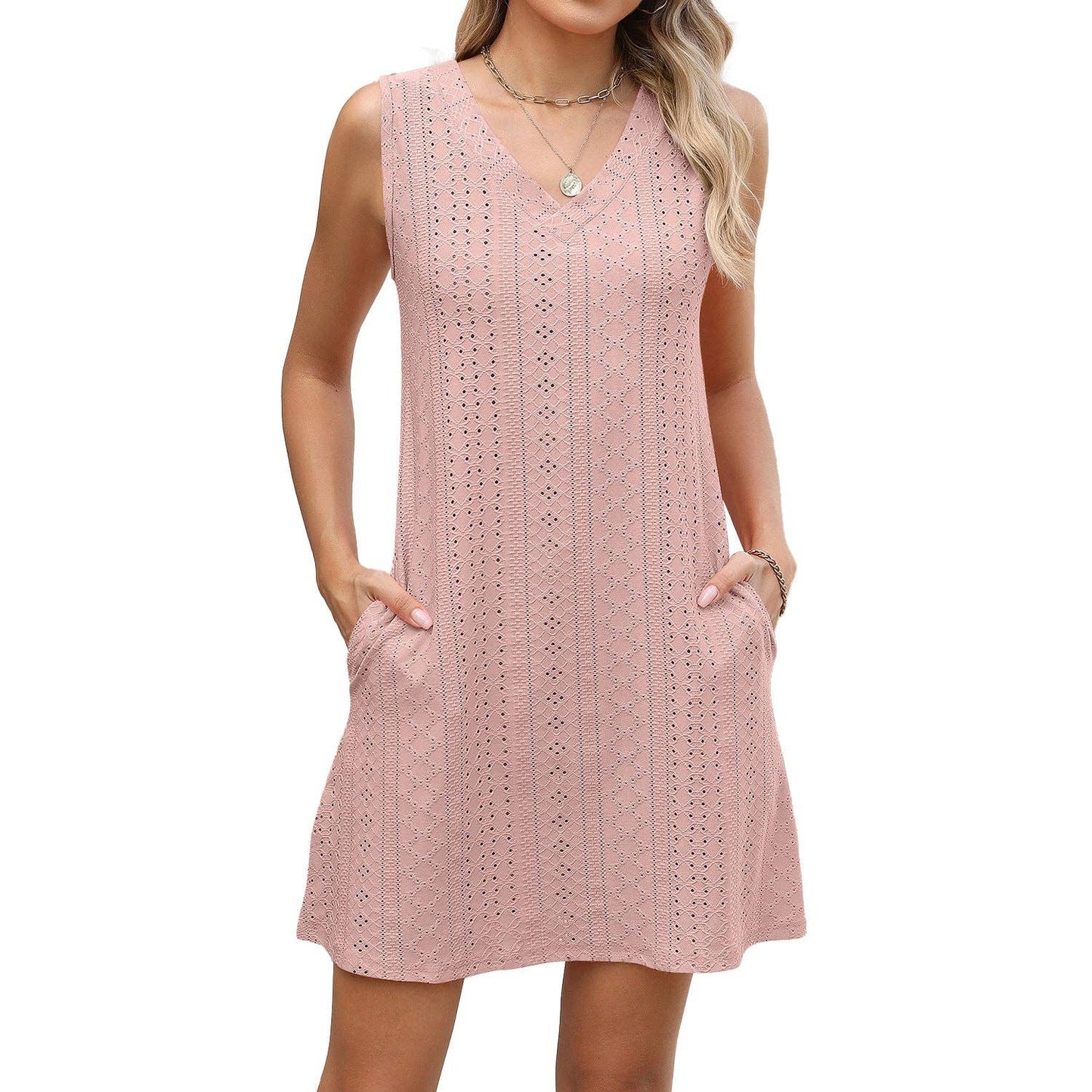Summer Solid Color Eyelet Dress with V Neck and Pockets