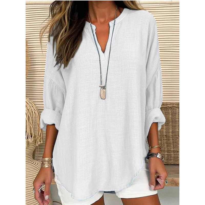 Blouse Linen Long Sleeve Casual V Neck Top CWTBLL0260