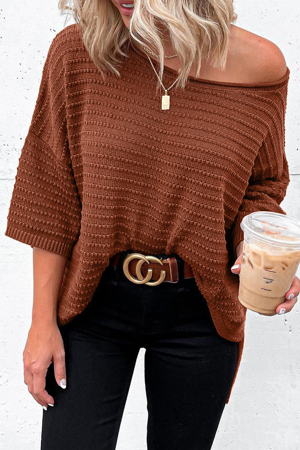 Brown Solid Color Rib-Knot Drop Sleeve Slide Slits Top