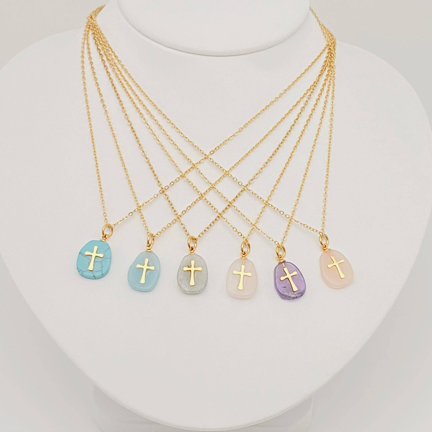 Natural Stone Stainless Steel Cross Pendant Necklace - CS: 6# gray